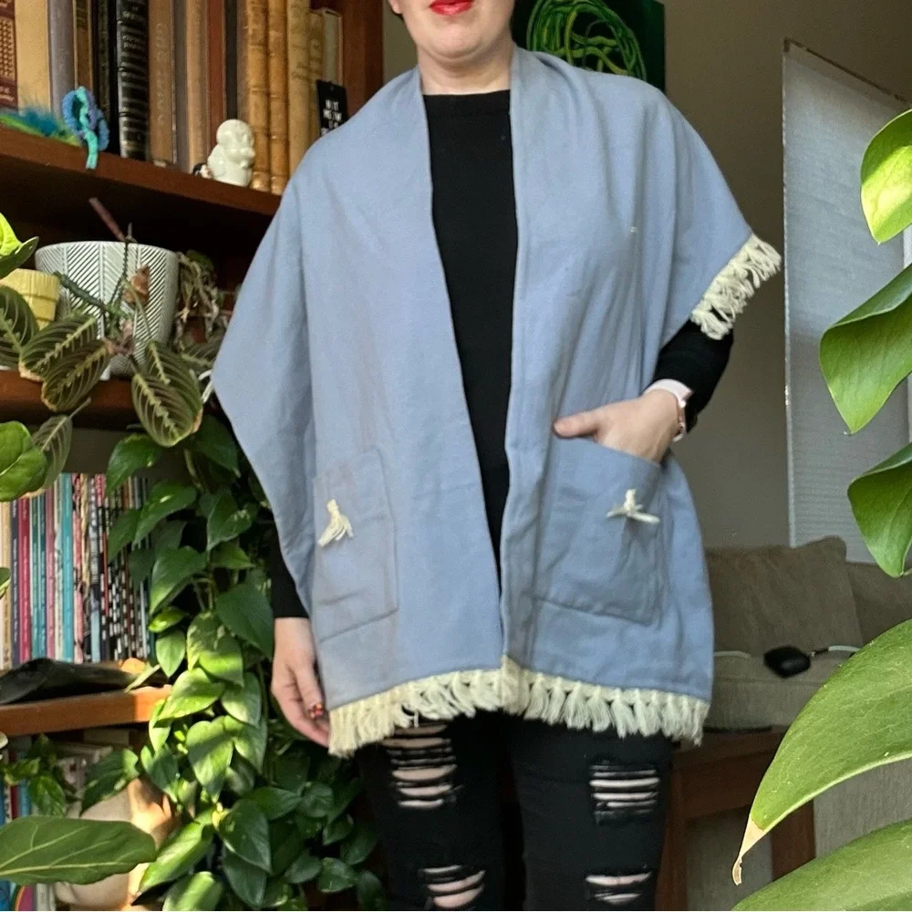 Vintage 60s Light Blue Shawl with Cream Fringe and Pockets
